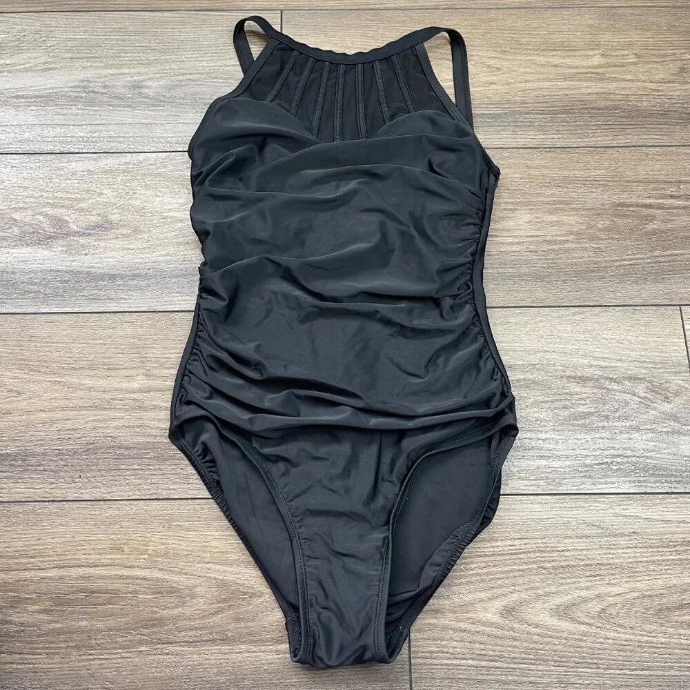 Alisha Levine High Neck One‎ Piece Swimsuit Women's Size 8 Black Underwire